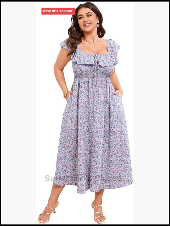 Dresses & Skirts - Plus Size Floral Midi Dress Square Neck Smocked Ruffle Sleeve Summer Casual